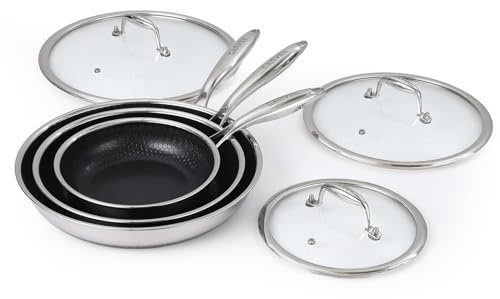 Garvee Juego de sartenes antiadherentes Tri-Ply acero inoxidable - Set de 6 piezas - Con tapas de vidrio templado y mangos fríos - Apto para inducción, lavavajillas y horno - Compatibles con todas las
