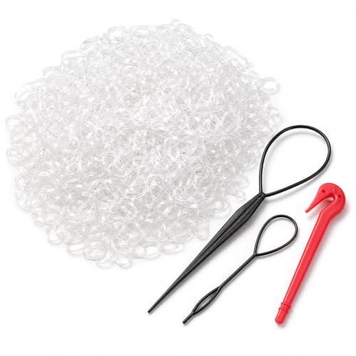 1000pcs Clear Hair Elastic Bands Kit – Small Transparent Elastic Hair Bands with Removal Hook and 2 Braid Tools – Hair Accessories for Women, Kids, Braiding, Weddings, Styling