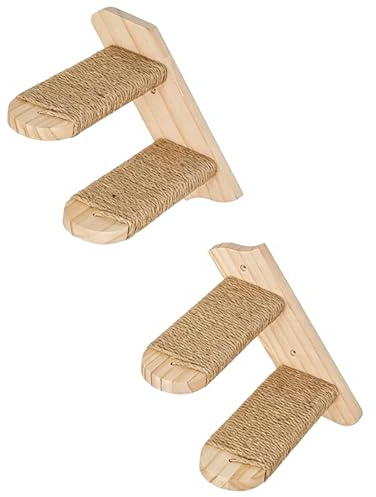 FUSHITON Scala da parete per gatti 2 gradini in legno massello di pino con corda in iuta, 41 cm, supporta 10 kg, montaggio inclinato sinistra/destra o separato