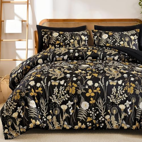 Freyamy Bettwäsche 135x200 Blumen Schwarz Floral Aesthetic Bettwäsche Set | Mädchen Bettwäsche Vintage, 2teilig Bettwäsche-Sets,Microfaser ÖKO-TEX Bettbezug mit Reißverschluss und 1 Kissenbezug 80x80cm