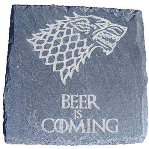 Untersetzer aus Schiefer mit Gravur GoT, Motiv: Beer is Coming, personalisierbar, Geschenk zur Hochzeit, zum Einzug, lasergraviert, 1 Stück