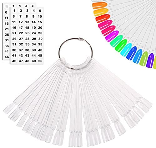 50 Pcs False Nail Sticks Polish Board Nail Polish Practice Display Art Tips with Metal Split Ring (Clear Design#2)