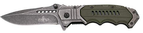 Couteau pliant Third K2811 avec manche en acier et manche en ABS vert militaire, lame en acier 420 de 9.8 cm avec surface en pierre. Avec clip, la chasse, le sport et les loisirs.