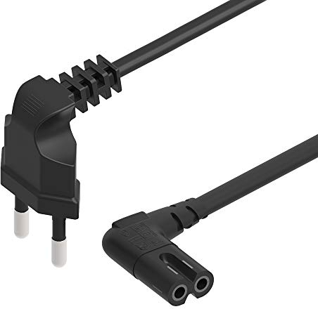 Câble d'alimentation Noir EU Euro 2 Fiche PIN à Angle Droit 90 degrés CEI C7 Figure 8 Cordon pour Samsung Philips Toshiba LG Sony Sharp Panasonic TV Flat Sky Sky Box, Sky Plus HD Box 0,75M