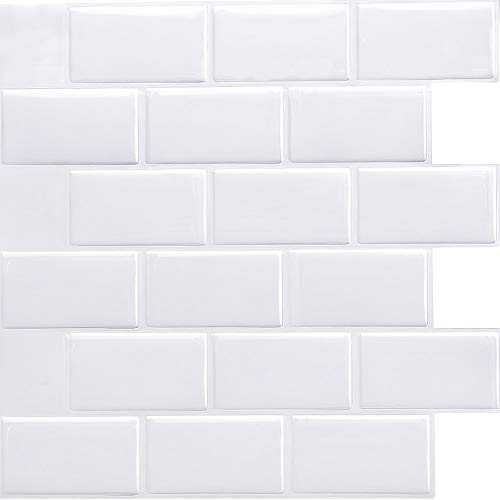 HyFanStr 10 Pezzi Piastrelle Adesive Cucina, Bianco Puro Adesivi per Piastrelle per Bagno, 3D Impermeabile Mattonelle Sticker Auto-Adesivo