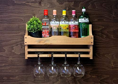 Wooden Light Oak Gin Bottle and 4 Balloon Glass holder - Wall Mounted Display (4GWO)(EM)