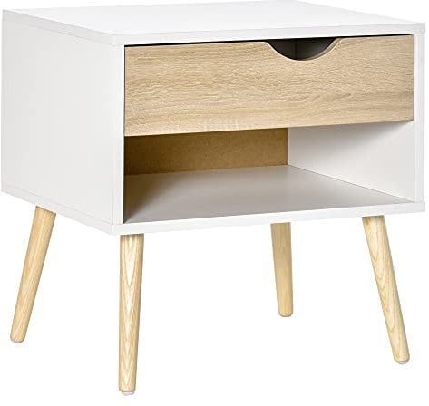 HOMCOM Table de Chevet, Table de Nuit, avec tiroir, Design Moderne, Pieds en Bois Massif, 50 x 39 x 51 cm, Blanc et Bois Naturel