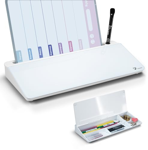 TOWON Small Tilted Desktop Glass Whiteboard, Notepad Computer Keyboard Stand with Dry Erase Board Surface, Desk Organizers with Accessories for Office, Home, School Supplies, White, 40X19CM