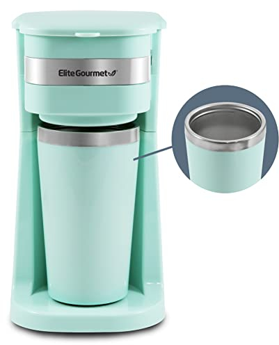 Elite Gourmet EHC113M Personal Single-Serve Compact Coffee Maker Brewer Includes 14Oz. Stainless Steel Interior Thermal Travel Mug, Compatible with Coffee Grounds, Reusable Filter, Mint