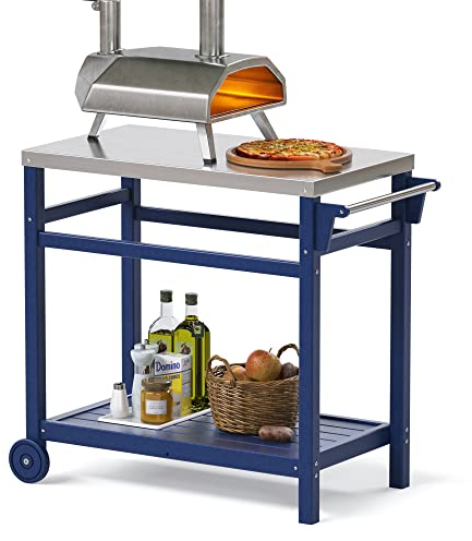 TORVA Carrello barbecue da banco in acciaio inox, Tavolo da forno per pizza in plastica riciclabile, Carrello per cucina da esterno, Carrello di servizio (Blu navy)
