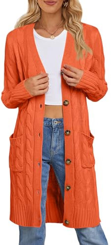 MEROKEETY Womens Long Sleeve Cable Knit Long Cardigan Open Front Button Sweater Outerwear, Orange, Medium