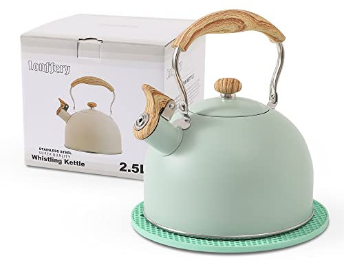 LONFFERY Tea Kettle for Stove Top, 2.5 Quart Whistling Tea Kettle, with Food Grade Stainless Steel and Wood Pattern Folding Handle, Turquoise