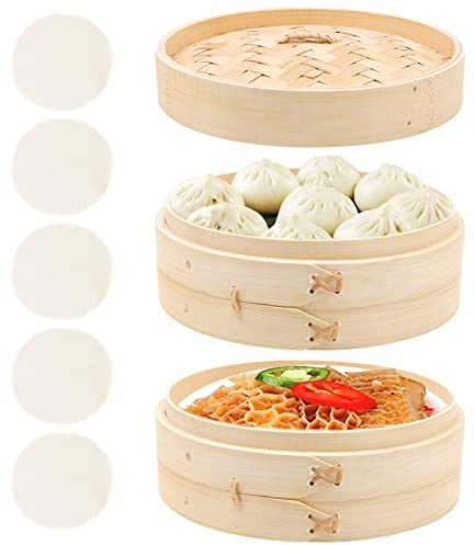 QUOTRE Panier Vapeur Bambou, 20cm Vapeur en Bambou Fait à la Main, Cuiseur Vapeur en Bambou Naturel, Panier Vapeur à 2 Niveaux avec 5 Feuilles de Papier à Vapeur, pour Les Raviolis, Les Légumes