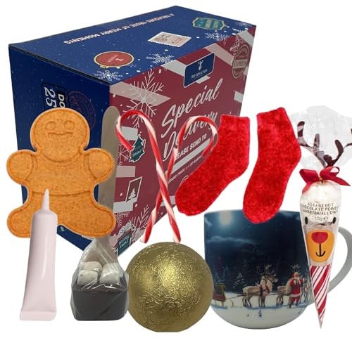 Kids Christmas Hot Chocolate Gift Set - Xmas Mug, Socks, Candy Canes, Hot Chocolate Cones, Gingerbread Man Decoration Icing, Hot Choc Bomb, Hot Choc Spoon - Personalisable Christmas Eve Box Christmas