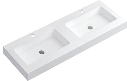Lavabo con Faldón para Baño Solid Surface Suspendida Blanco Mate | Lavabo Suspendido 2 Senos Fondo 46cm | Espesor 10 cm | 120cm