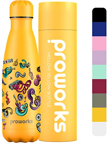 Proworks Edelstahl Trinkflasche | 24 Std. Kalt und 12 Std. Heiß - Vakuum Wasserflasche - Isolierflasche für Sport Laufen Fahrrad Yoga und Camping - 1 Litre - Mildes Gelb - Musikalisches Ensemble