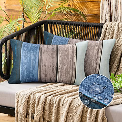 Kissenbezug 30x50 2er Set Kissenbezüge Leinenoptik Kissenbezug Outdoor Wasserdichte Sofakissen Dekorative Blau Grau Holz Streifen Retro Kissenhülle Couchkissen Bezug für Bauernhaus Drinnen Draußen