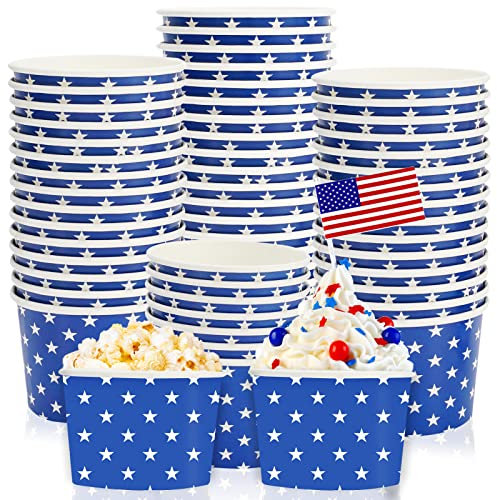 Whaline 50Pcs Patriotic Treat Snack Cups Blue Star Disposable Paper Bowls 6.5oz Patriotic Paper Cups Ice Cream Bowl for 4th of July Dessert Treats Independence Day Party Favor Supplies Decor