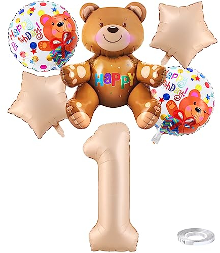 Weenkeey 1 Jahre Bären Geburtstag Deko Große Bär Folienballon 1. Geburtstag Bär Ballon Karamell Zahl 1 Luftballon für Mädchen Jungen Geburtstag Party