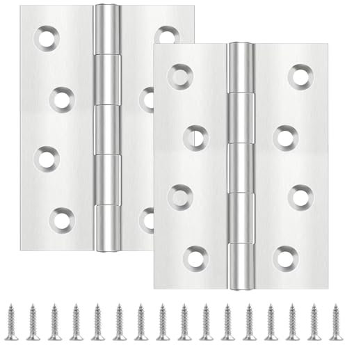 2 Pcs 100mm × 70mm Door Hinges, Leryati Stainless Steel Hinge for Wood Door Gate Hinges, Shed Butt Hinge for Internal External Doors with 16 Pcs Screws