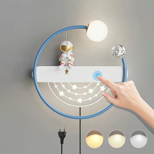 LED Innen Wandleuchte mit Touch Schalter Dimmbar Kinderzimmer Nachttischlampe Kinder Schlafzimmer Wandlampe mit Kabel Stecker Junge Mädchen Raumlampe 12W Astronaut Nachtlicht Für Wohnzimmer (Blau)