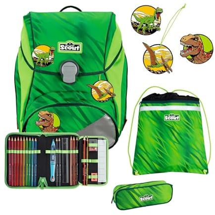 SCOUT Der echte sicherer Schulrucksack, Alpha DIN Dino Rex Set 4-teilig, ca. 20 l Volumen, ca. 1.200 g Gewicht (ohne abnehmbare Elemente)