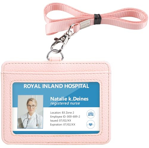 Teskyer Porte Badge, Porte Badge tour de Cou, 2 Emplacements pour Cartes, 1 Fenêtre Transparente, Porte Carte cou, Horizontal, Cuir PU, Pâle Rose