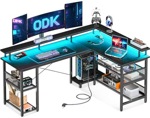 ODK L Shaped Gaming Desk with LED Lights & Power Outlets, 168×120cm Reversible Corner Desk with Storage Shelves, Computer Desks with Monitor Stand, Black
