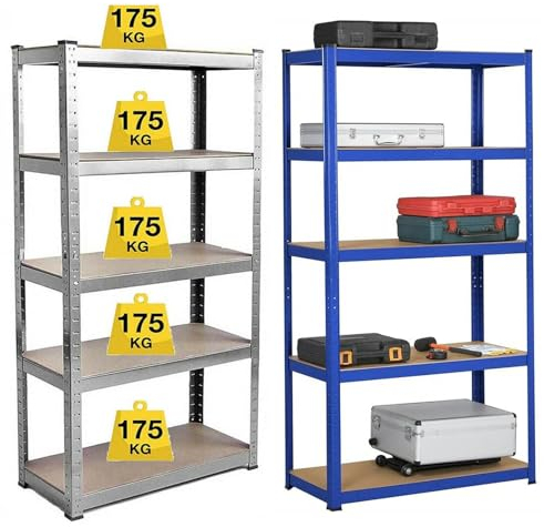AutoBaBa Lagerregal Schwerlastregal, Kellerregal, 170 x 75 x 30 cm, bis 875kg belastbar, 5 verstellbare Ablagen, MDF-Platten Regal aus Metall, Steckregal, Werkstattregal, Keller, Garage, Blau