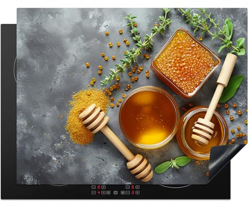 KitchenYeah© Coperchio Piano Cottura 77x59 cm Cucina Copri Fornelli Tappetino Induzione Antiscivolo Piastra Protezione Miele - Calcestruzzo - Cucchiaio di miele - Cucina