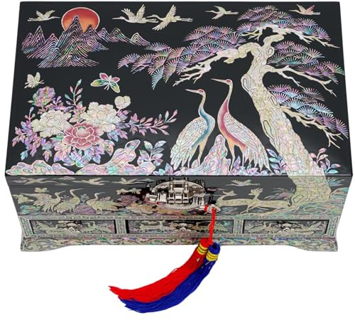 February Mountain Lockable Korean Mother-of-Pearl Jewelry Box - Najeon Chilgi Lacquerware with Crane and Floral Design, Vibrant Black Finish, Handmade (Black)