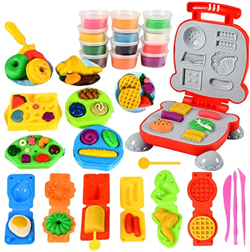 OTONOPI Dough Play Kitchen Creations Colour Dough Set Waffle Pizza Burger Maker Pretend Chef Toy Play Food Modeling Tools Kit with Wheat Dough Compound for Kids Christmas Birthday Gift 40Pcs