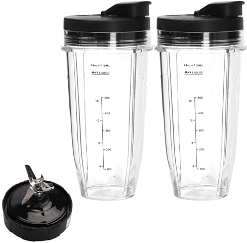 Ninja Blender Cups 24oz Cups with To-Go Lids,Set of 2 Blender Cups with 1 Blender Blade for Ninja,7 Fins Extractor Blade,Smoothie Cup Replacement for Ninja Bl2012/Bl487a/Bl492/Bl640/Nn100a/Nn101/Nn102