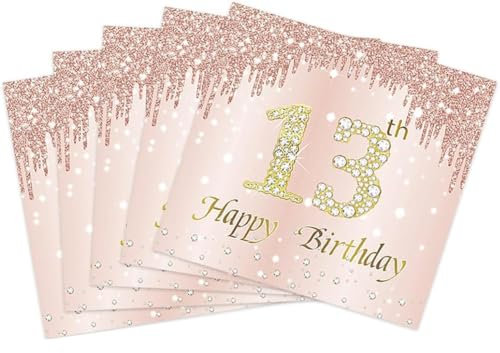 40 servilletas desechables de color oro rosa para cumpleaños número 13 para niñas, servilletas desechables de feliz cumpleaños, para bebidas, postres, cenas, para adolescentes, decoración del día