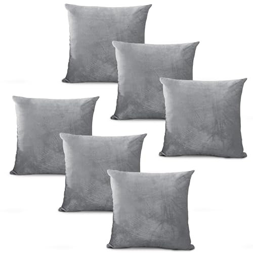 Hafaa Velvet Cushions with Covers Included Sets 12 (6 Silver Cushion Covers, 6 Cushion Inserts 45cm x 45cm) Luxury Decorative Fluffy Square Throw Pillow Case Sofa Cushion with Invisible Zipper