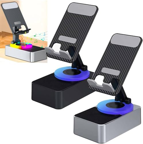 3 in 1 Bluetooth Audio Power Bank Phone Holder, Multifunctional Cell Phone Stand with Wireless Bluetooth Speaker & LED Color Changing Light, Foldable Cell Phone Stand for Desk Travel, Black+Gray