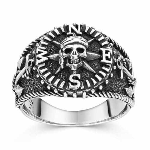 MATERIA by Matthias Wagner Piratenring Herren Ring Silber 925 mit Kompass und Anker SR-105