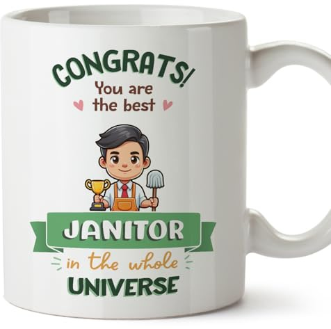 MUGFFINS Janitor Man Mug - in English - Best in Universe Trophy - Funny Gift for Colleagues - Ceramic 11oz Mug