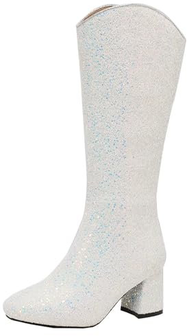 HSyc JRX Stivali alti al ginocchio con tacco a blocco, da donna con glitter, bianco, 37 EU