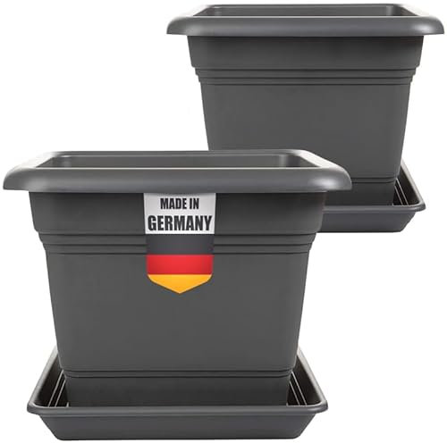 Macetero grande exterior 40 x 40 cm con plato (juego de 2) – Maceta grande para exterior de plástico resistente a las heladas – Fabricado en Alemania – Maceta grande exterior con protección UV,