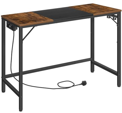 HOOBRO Computer Desk with Power Outlet, Office Desk with 3 Hooks, Gaming Desk 100 cm, Modern Study Writing Table for Study Room, Home Office, Industrial Design, Rustic Brown and Black EBF41KDN01
