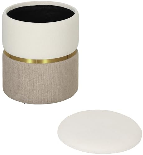 HOMCOM Sitzhocker mit Stauraum Hocker mit Deckel, Metallring, zweifarbig Design Runder Fußhocker Polsterhocker, Chenille 36 x 36 x 44 cm Cremeweiß