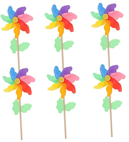 Abaodam Lot de 6 moulins à vent colorés avec poignée en bois pour crèche, jardin et événements en plein air - Design amusant et réaliste pour les fêtes