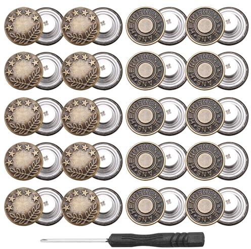 20 PCS Metal Jeans Buttons, 17mm No Sew Adjustable Replacement Buttons with Screwdriver, Removable Jean Buttons for Jeans, Trousers, Jackets, Bags and DIY Repairs