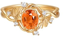 Wycian Eheringe Deko Verlobungsring Damen Antiallergisch Gold 9K Gelbgold Blatt und 4 Krappen Oval mit 1CT Mandarin Granat und Diamant Größe 58 (18.5) Beliebt für Schwester Jubiläum Schmuck