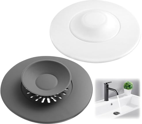 2 Pezzi Tappo Lavandino Universale Silicone,11.5cm Tappi per Vasca da Bagno | Tappo di Scarico in Silicone per Doccia, per Cucine Bagno Lavanderia Doccia Accessori per Lavelli, Grigio Bianco