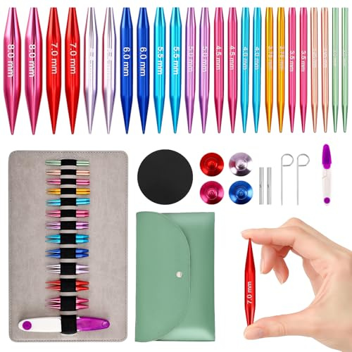 12 Pairs Interchangeable Circular Knitting Needles Set, 5cm Short Aluminum Knitting Needles 3.0mm-8.0mm, with Cables, Case & Accessories, for Beginners and Advanced Knitters