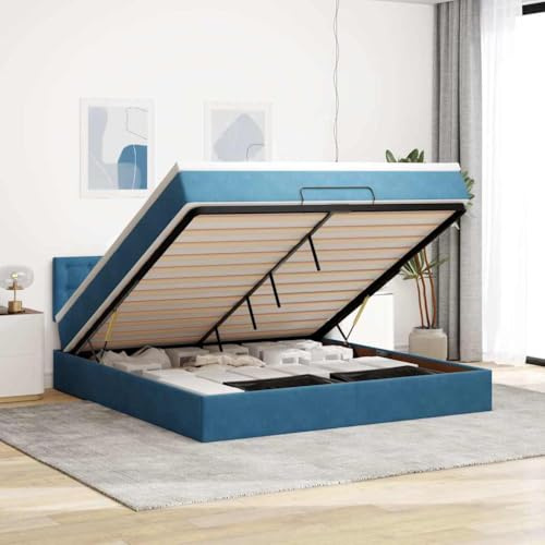 QJBSAVVA Ottoman Bettrahmen dunkelblau 180x200 cm Samt mit Taschenfederkernmatratze und Stauraum hydraulisch Klappbett Jugendzimmer Doppelbett komplett für Schlafzimmer