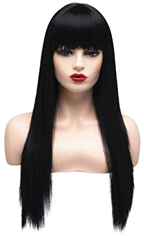 BESTUNG Lange Gerade Schwarze Brunett Perücken für Frauen Damen Synthetische Vollhaar Natürliche Perücke mit Pony für Cosplay Kostüm oder Alltag(EINWEG)