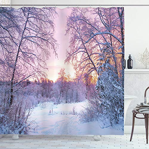 ABAKUHAUS Landschaft Duschvorhang, Braches Snowy Sunset, Stoffliches Gewebe Badezimmerdekorationsset mit Haken, 175 x 200 cm, Lavendel Lila Weiß